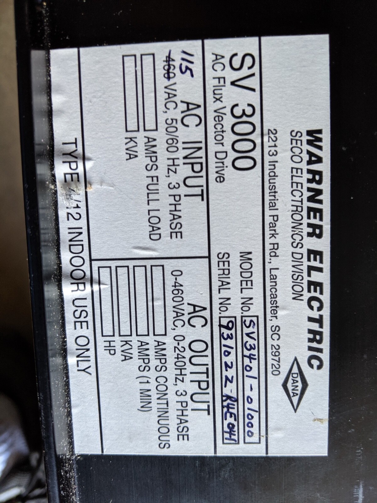 Seco AC Flux Vector Drive SV3000 with motor. 