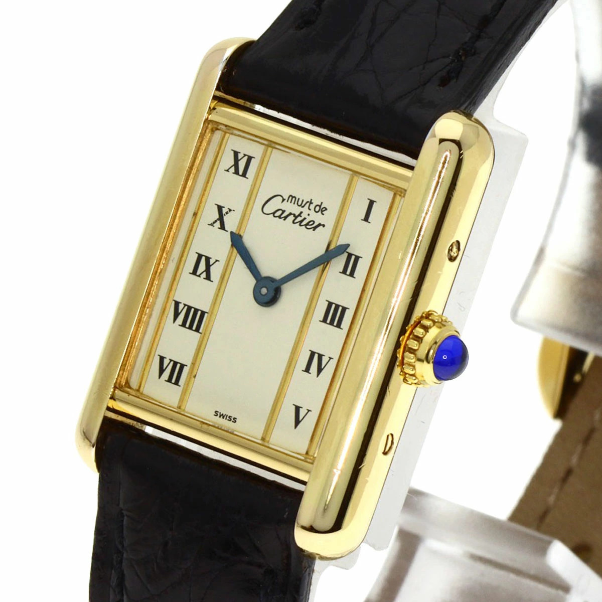 Cartier Must Tank Watch Silver Leather Women’s Quartz Square Dial Box Accessary