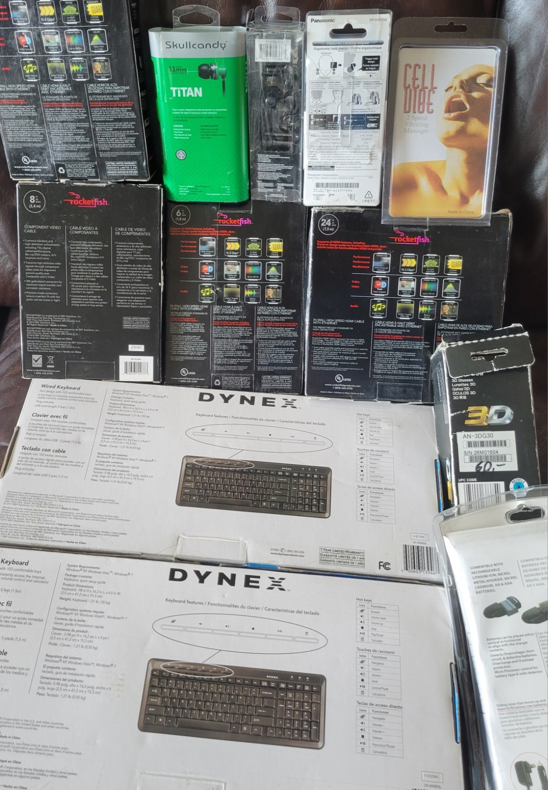 12x NEW Electronics Lot Headphones, Dynex Keyboards, HDMI, Rocketfish, Sharp 3D