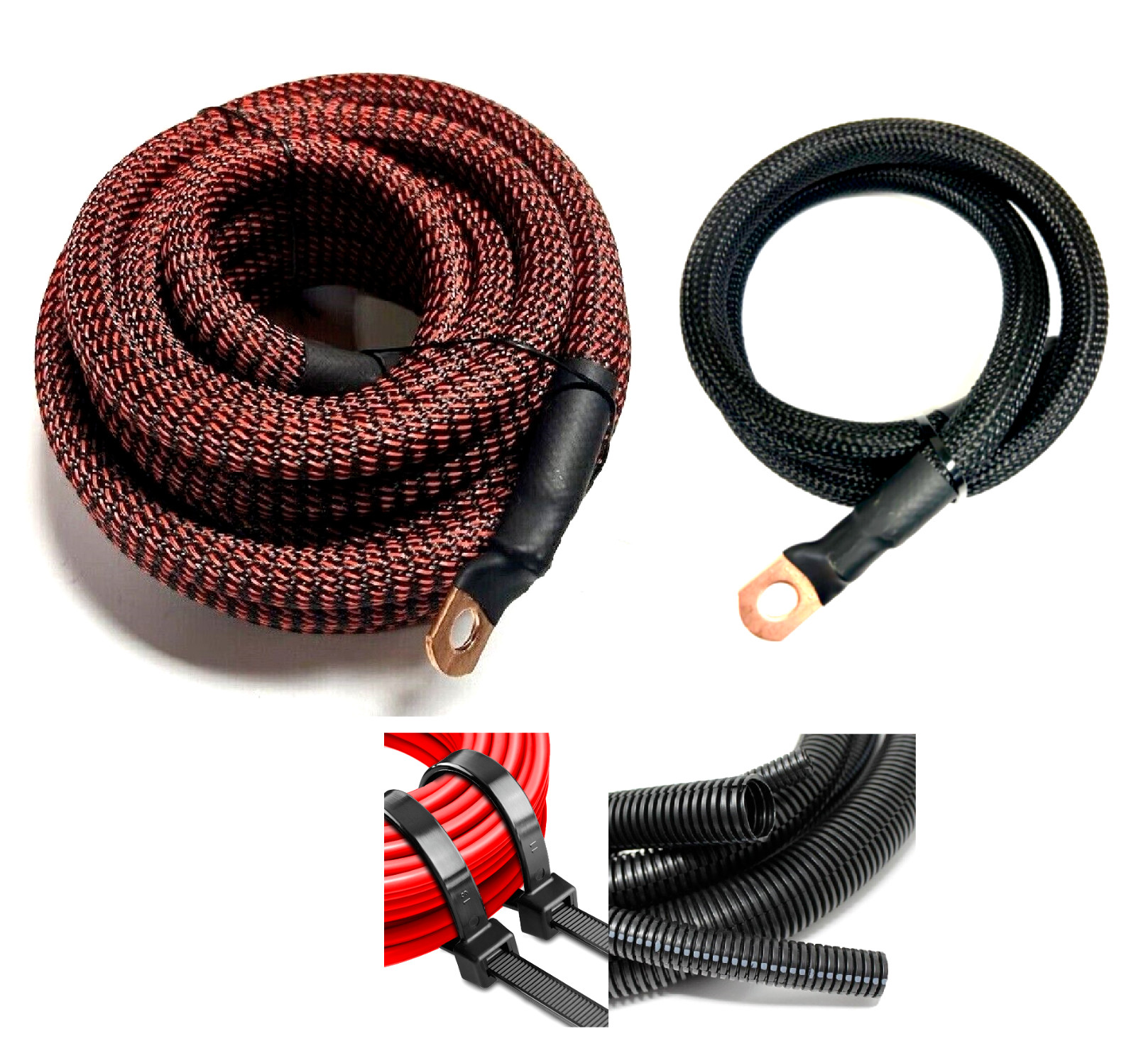 4ga OFC COPPER Braided Sleeving Battery Cable Relocation Kit 12’+ 3′- Wiring LOT
