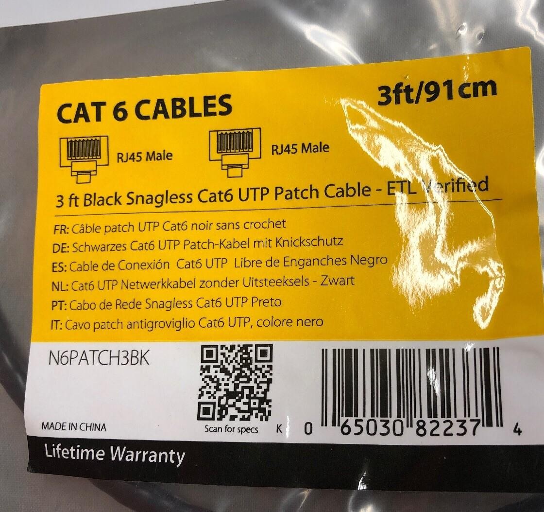 NEW LOT OF 2 StarTech 3 ft Black Snagless Cat6 UTP Patch Cable N6PATCH3BK