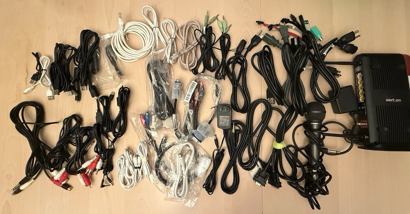 Miscellaneous electronic cables lot with Verizon router and a microphone
