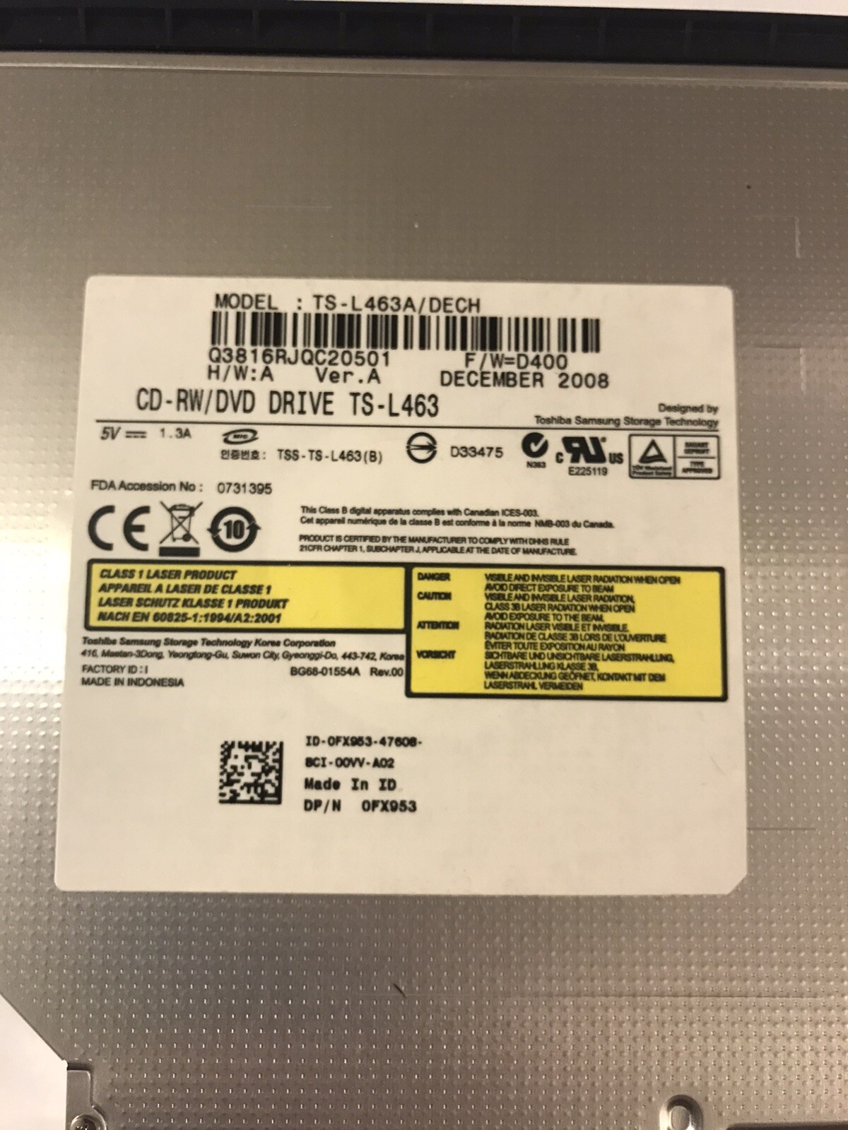 Dell Toshiba TS-L463A/DECH CD-RW DVD ROM ReWritable Optical Drive – Working
