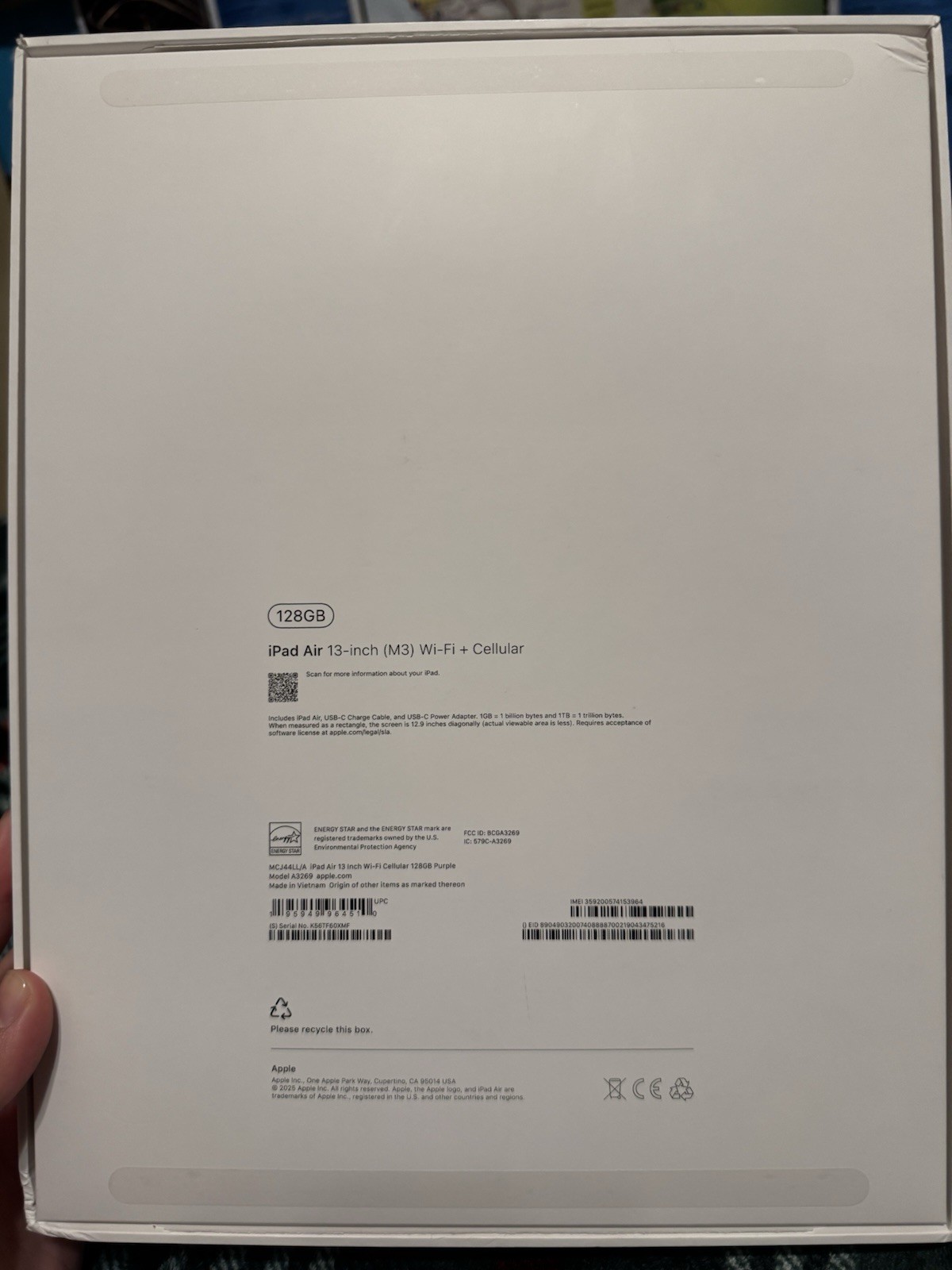Apple iPad Air 13-inch 2025 M3 Chip 128GB Wi-Fi and Cellular Purple, BOX ONLY