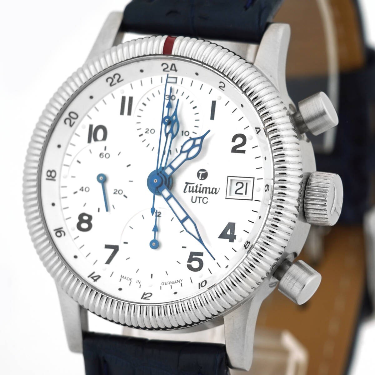 Tutima Flieger Chronograph 780-73 Automatic Mens Watch White Dial Leather Belt