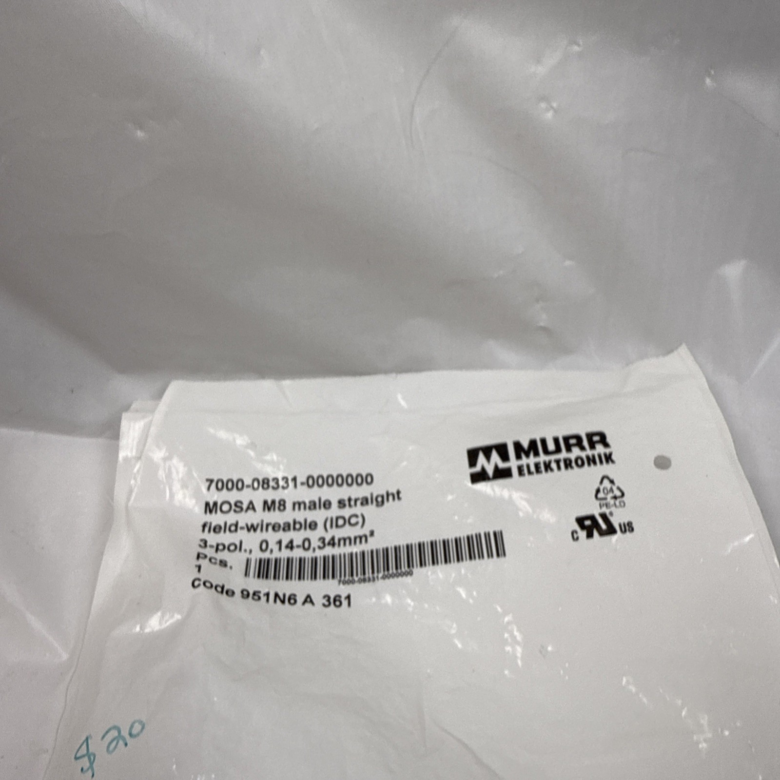 MURR 7000-08371-0000000 M8 FEMALE ST FIELD WIREABLE 3 PIN – NEW IN ORIG. BAG