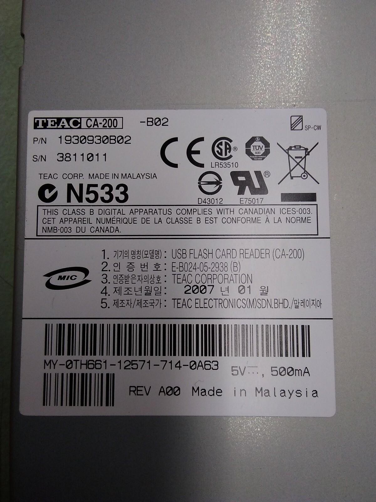 TEAC CA-200-B02 MULTI CARD READER SM XD CF/MD SD.MINI MMC/RS MA/PRO/DUO