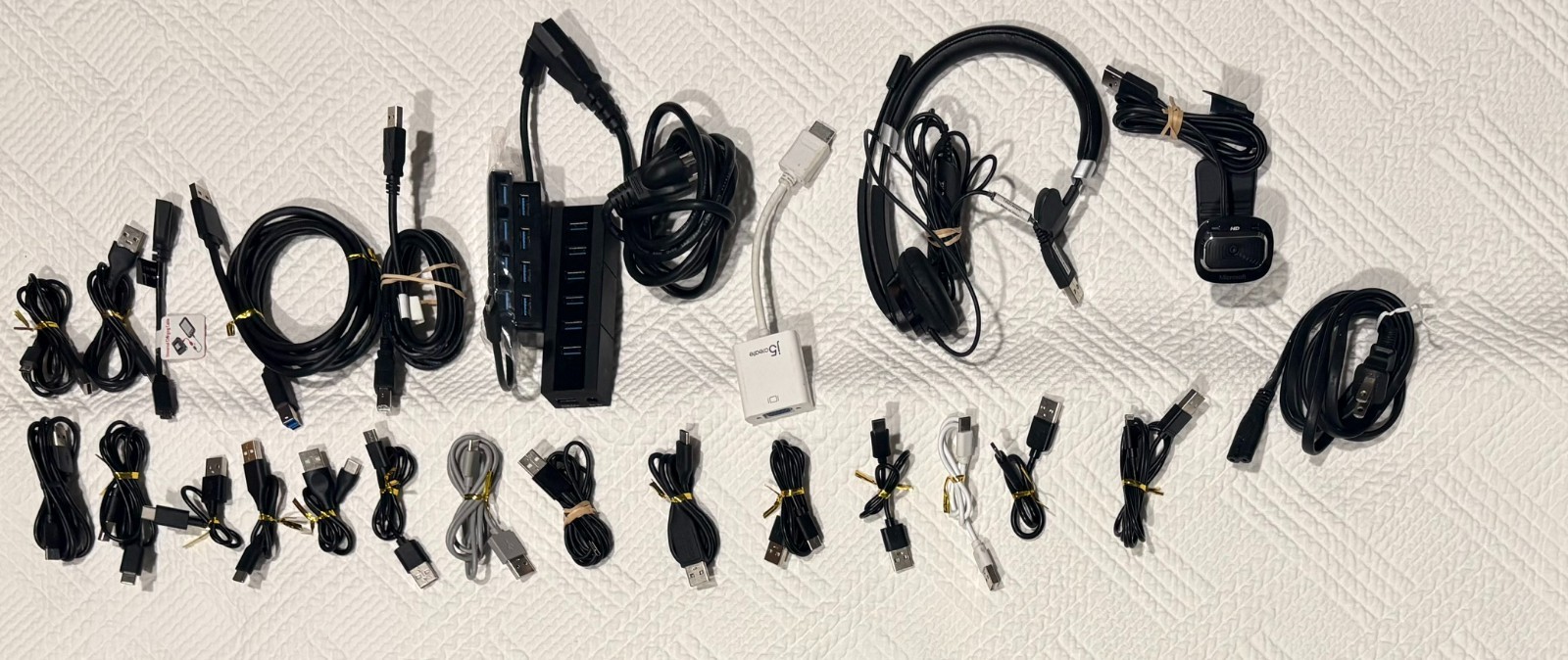 Huge Untested Electronic Lot including Camera, power cords head set USB Hubs