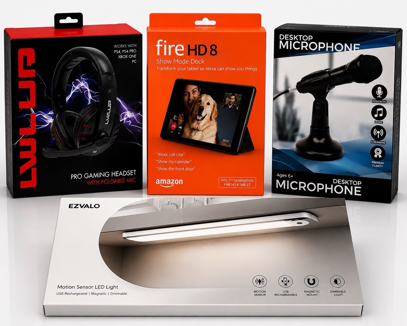 4 Item Electronics Lot /Bundle Gaming Headset Fire HD8 Dock Microphone LED New