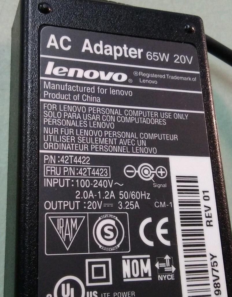Lenovo ThinkPad 65w AC Adapter laptop charger Model 42T4422
