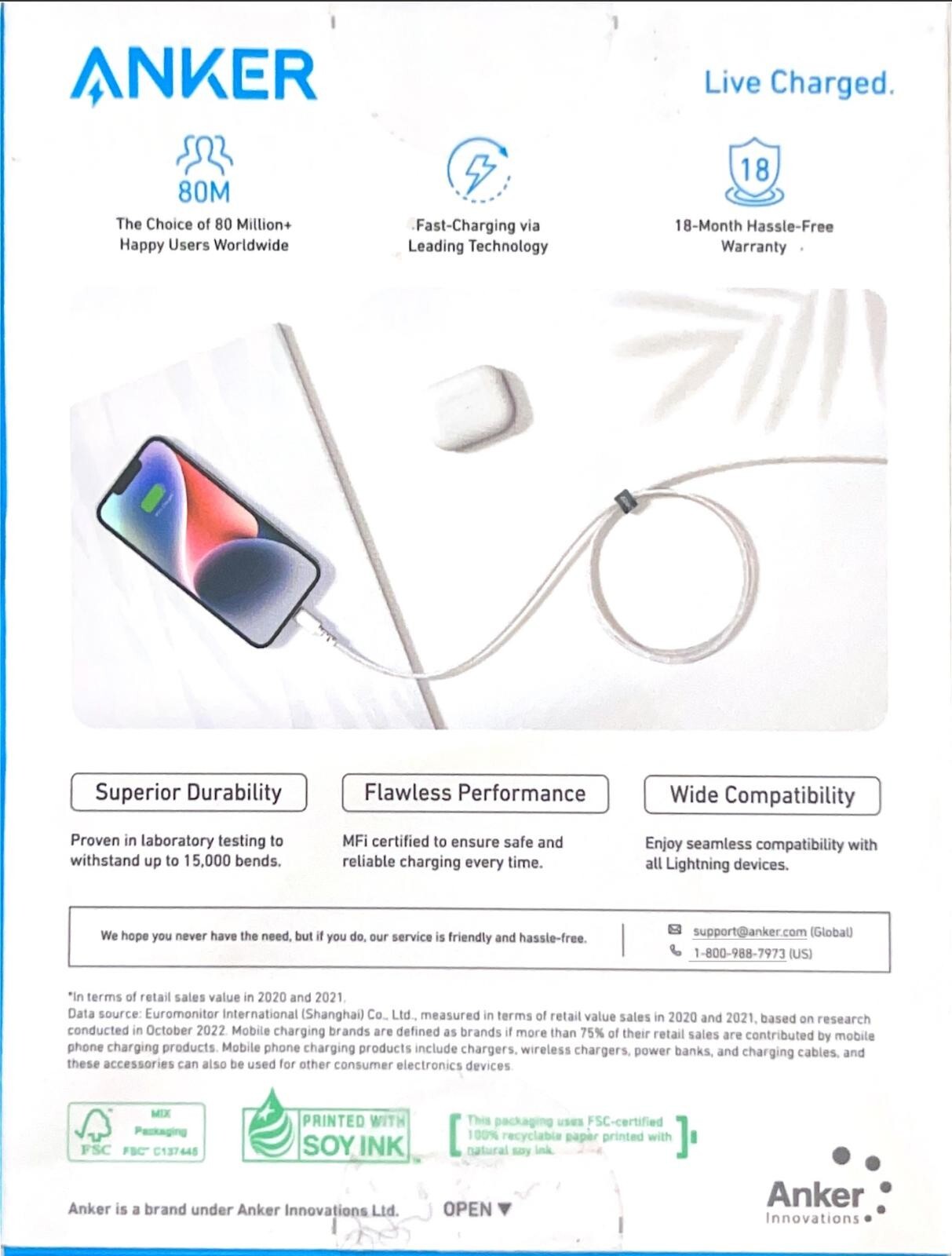 Anker 10′ Braided Lightnin to USB-A Charging Cable – White