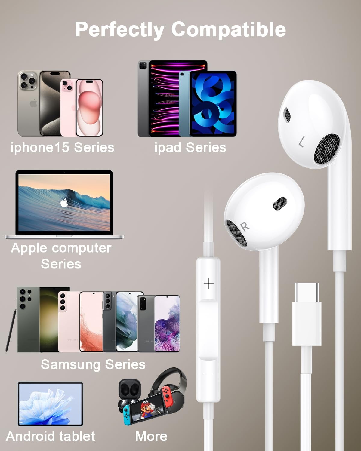 2 Packs USB C Wired Headphones for iPhone 16/15 Pro Max Plus, Type C Earbuds
