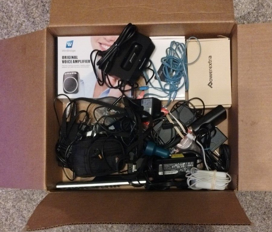 Lot Random Tech Box – Electronics Cables Chargers Cases Power IPad Amplifier etc