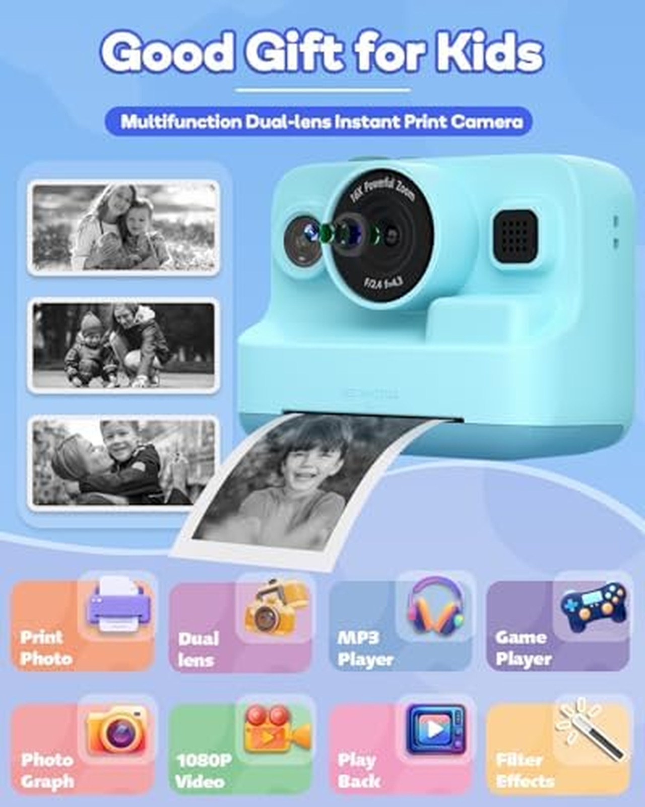Dylanto Kids Instant Camera 1080P Instant Print Portable Photo Blue Ages 3-12