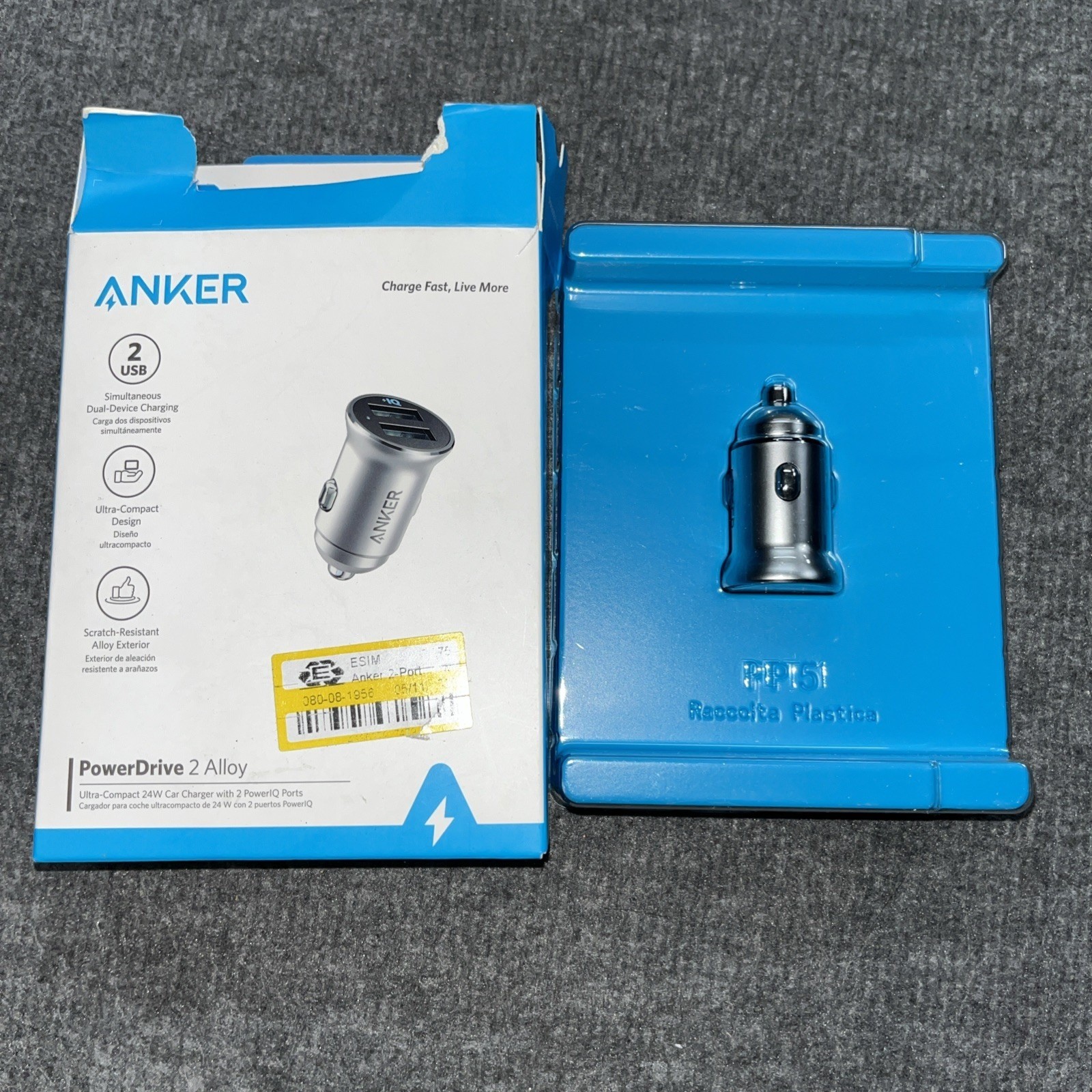 Anker 76625608 PowerDrive 2 Alloy Car Charger, 24W, With 2 PowerIQ Ports Silver