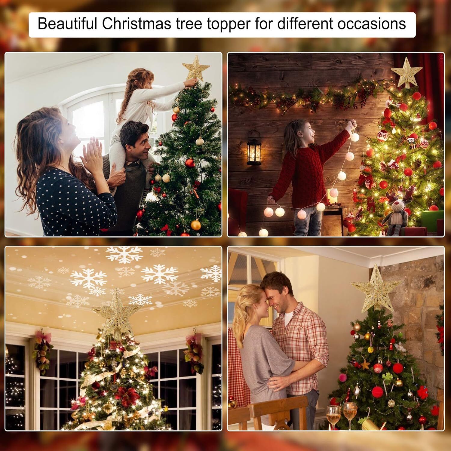 Christmas Star Tree Topper with Built-in Led Snowflake Projector Lights Hollowed