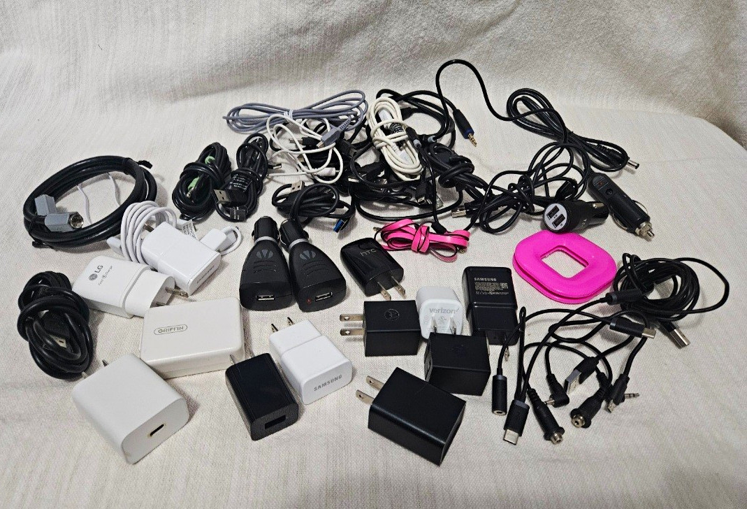 Lot of Charging Cords, Wall Plug Boxes, Corded Earbuds, Power Adapters, etc.