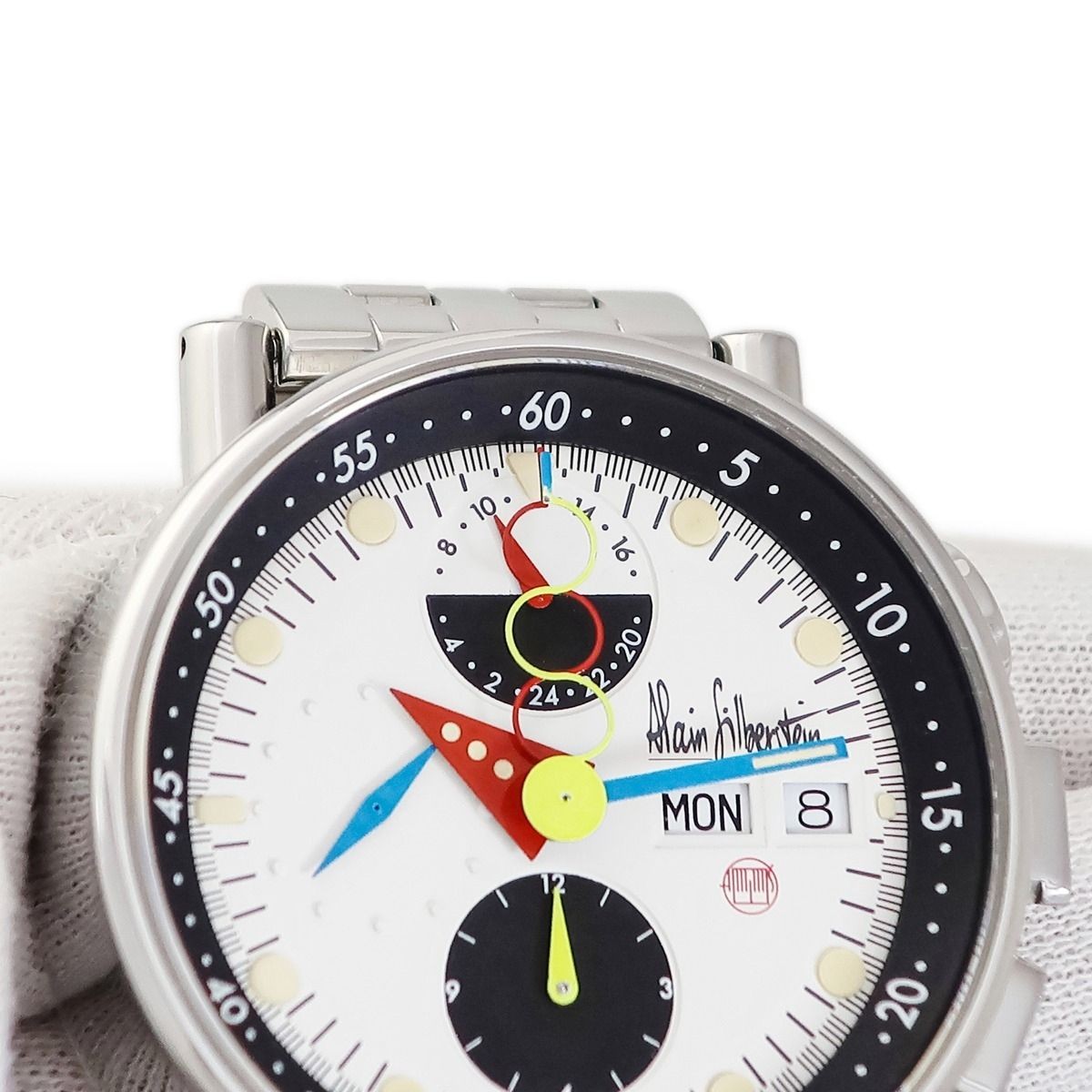 Alain Silberstein LWO5100 Chrono Bauhaus Day Date White Silver Watch Authentic