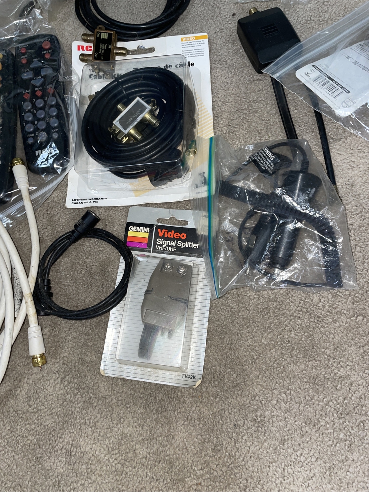 Vintage Lot of Electronic Parts and Pieces Cables Remotes Splitters