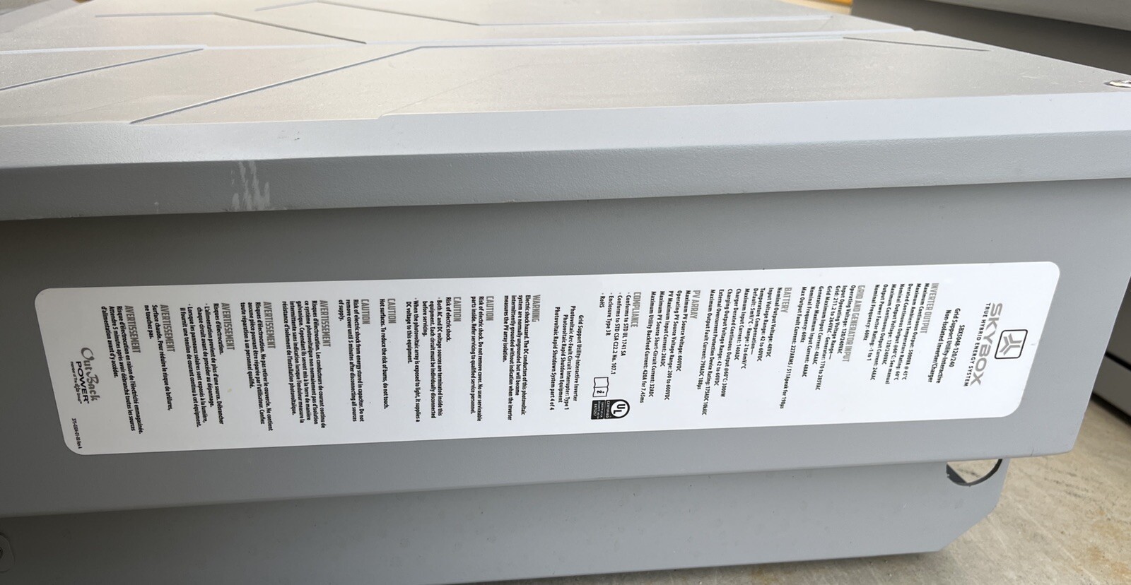 OutBack Power/ SKYBOX True Hybrid System – Used NO BOS box