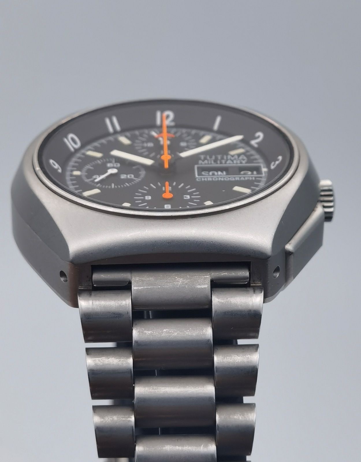 Tutima Military Chronograph 798-02 Auto Cal 5100 Black Dial SS Men Watch DayDate