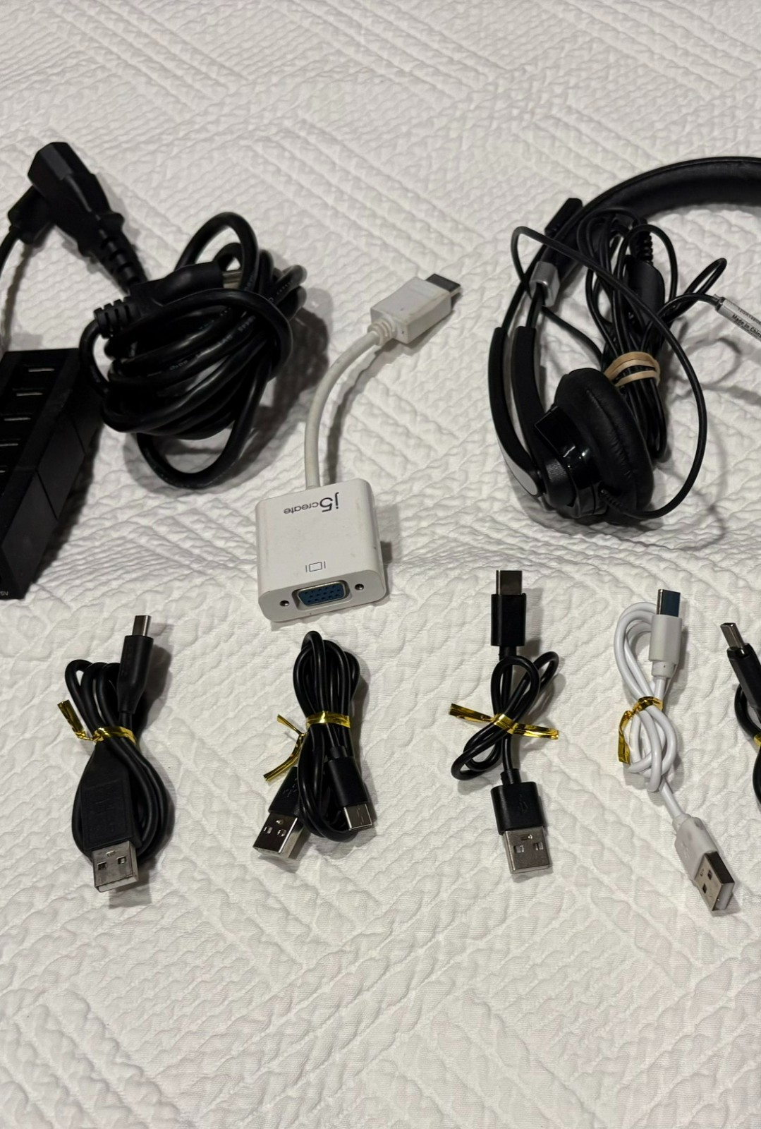 Huge Untested Electronic Lot including Camera, power cords head set USB Hubs