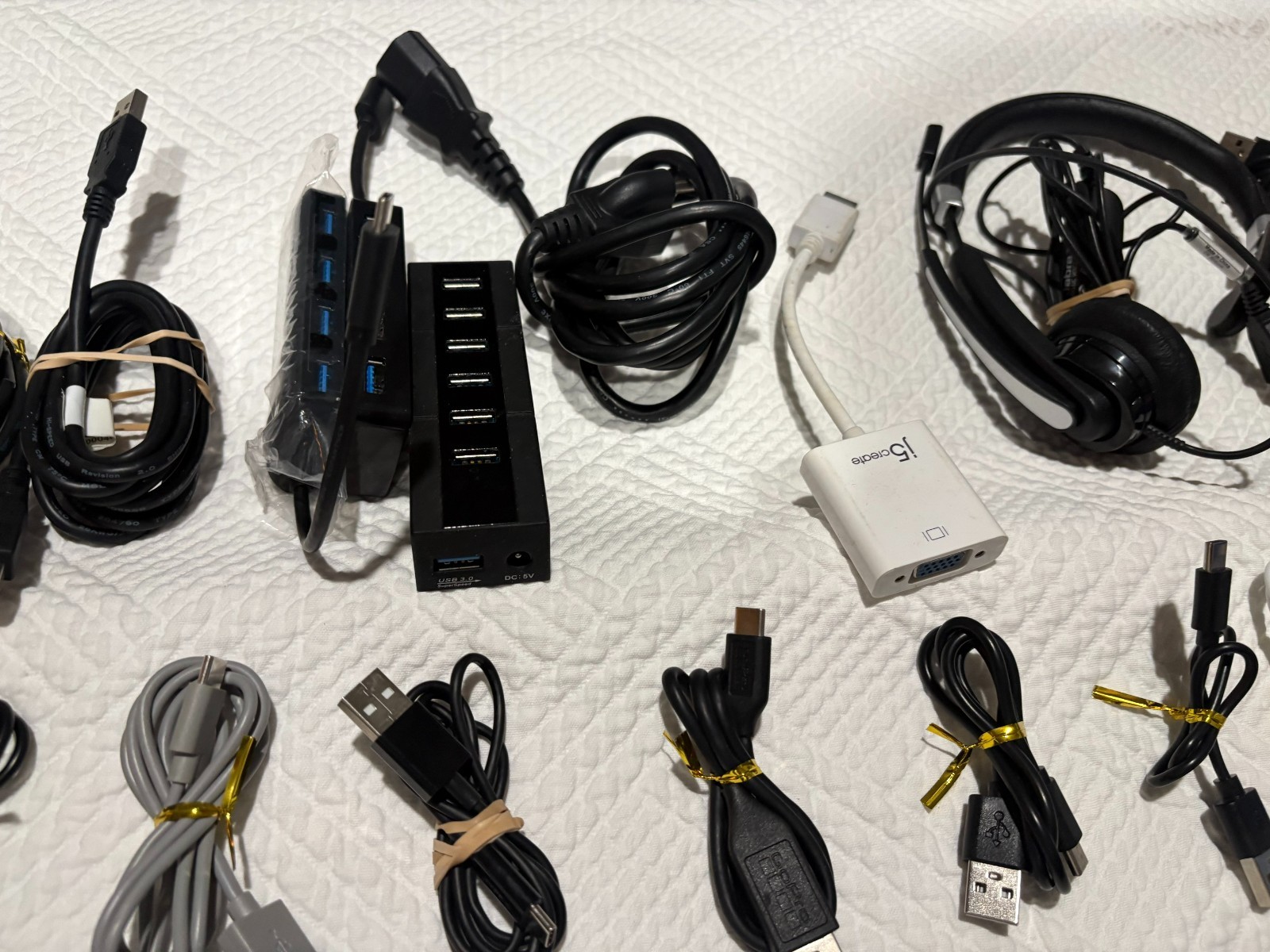Huge Untested Electronic Lot including Camera, power cords head set USB Hubs