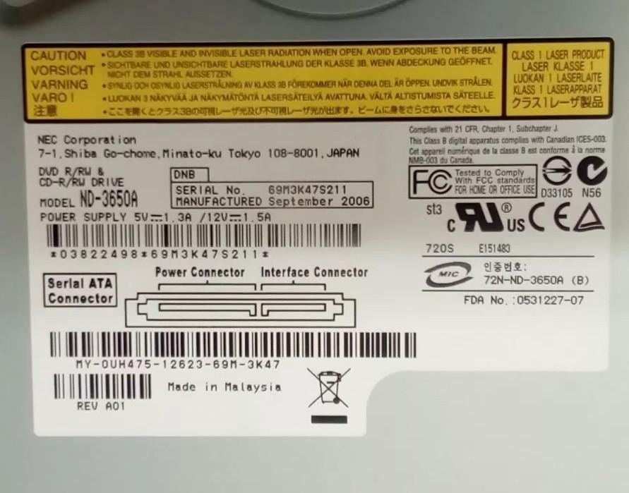 NEC Corp. DVD-R/RW & CD-R/RW Drive MODEL ND-3650A Rev A01