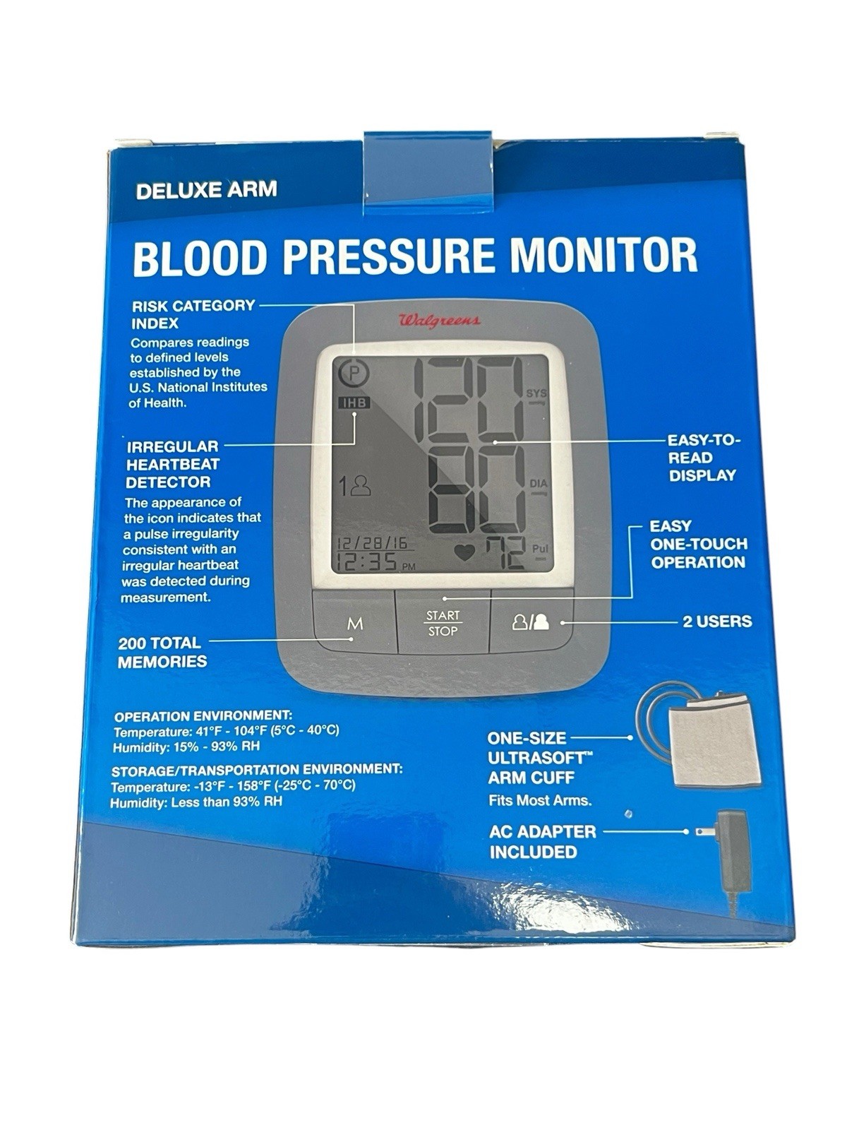 Walgreens Deluxe Arm Blood Pressure Monitor WGNBPA-740 Extra Large Display Cuffs