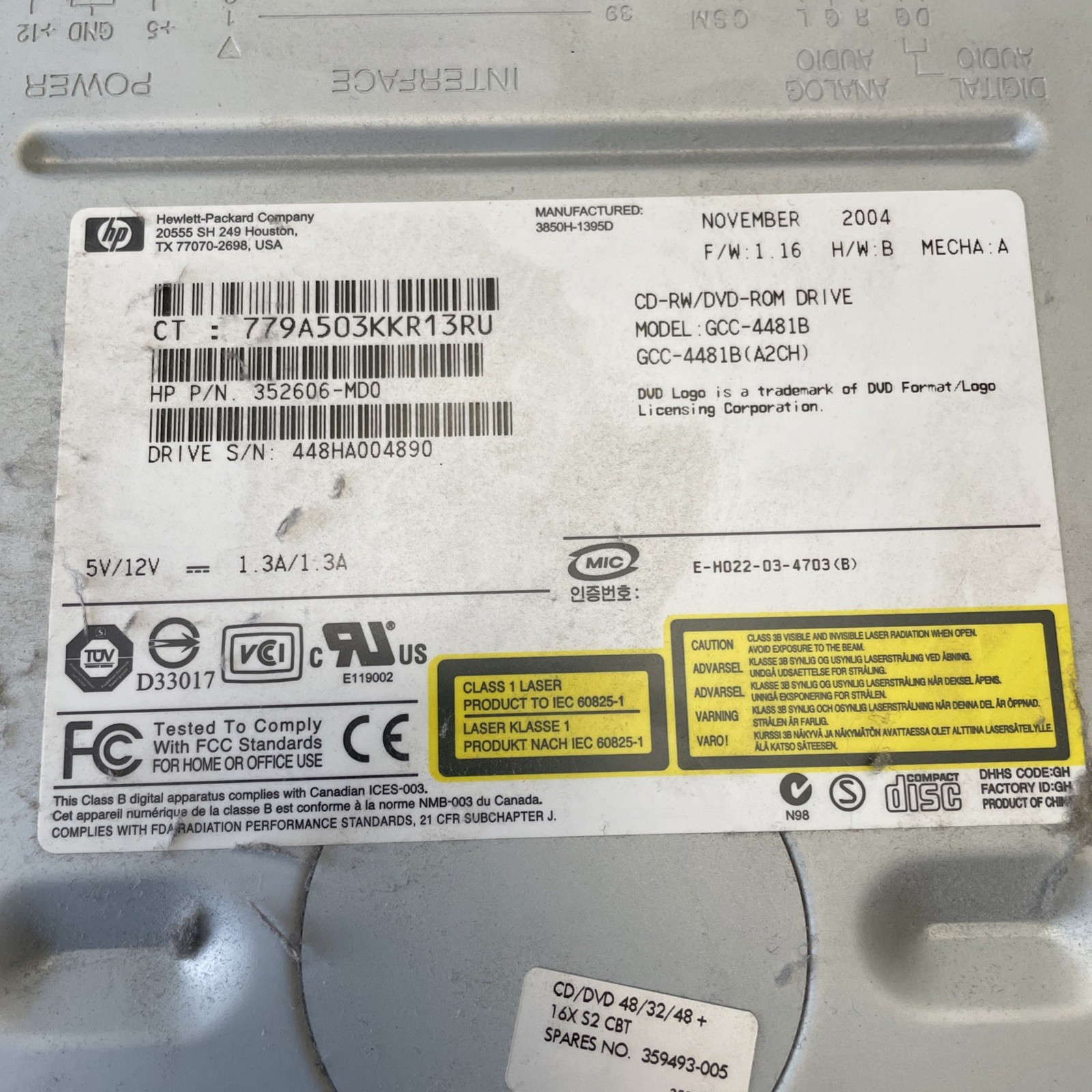 HP GCC-4481B 48x32x48x Internal IDE CD-RW/DVD-ROM Drive PN 352606-MD0