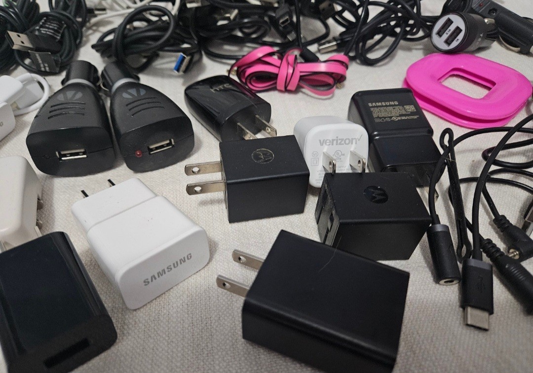 Lot of Charging Cords, Wall Plug Boxes, Corded Earbuds, Power Adapters, etc.