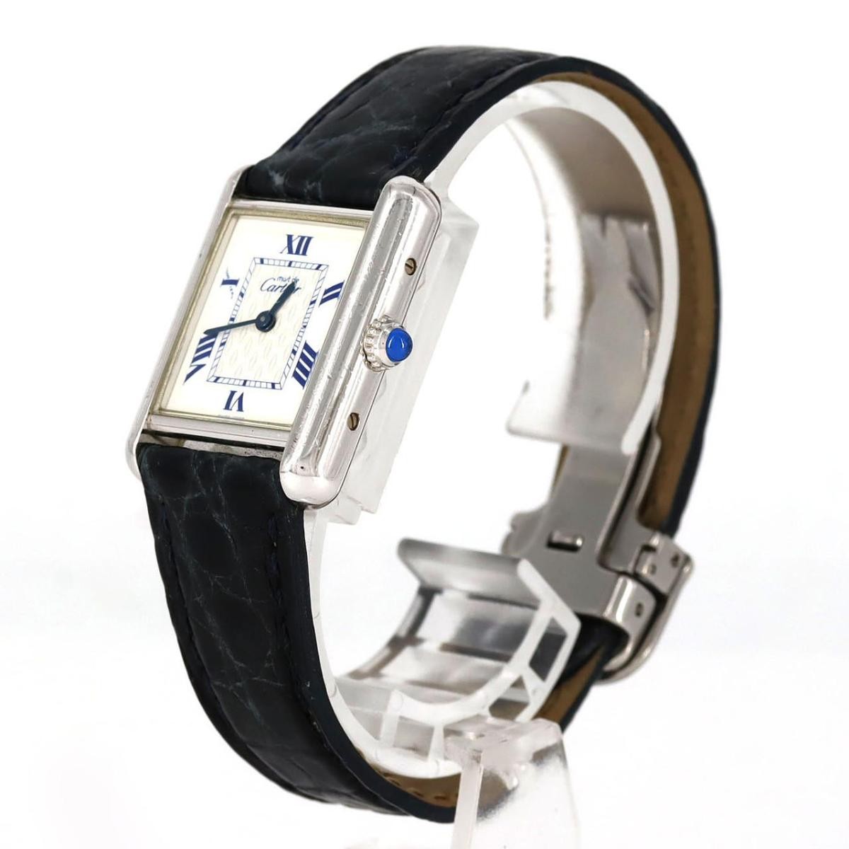Cartier Must Tank SM W1014054 Silver Quartz Square Dial Black Band Accessary