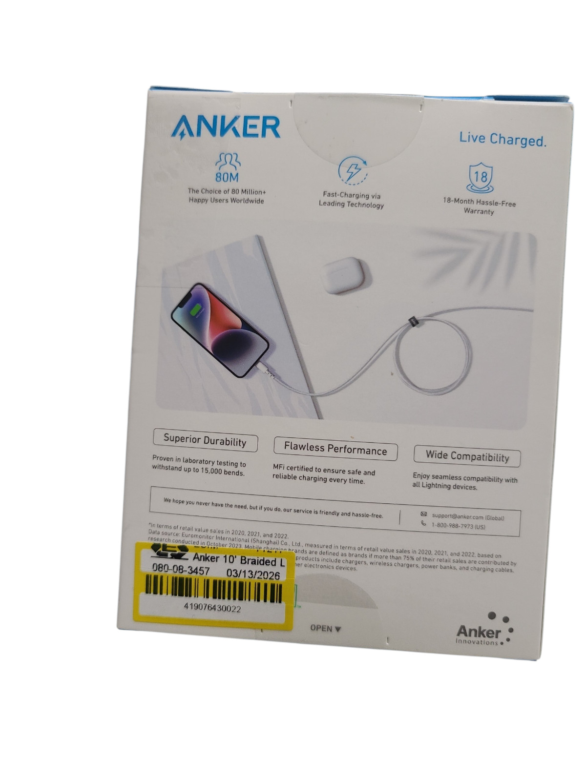 Anker 10′ Braided Lighting to USB-A Charging Cable – White