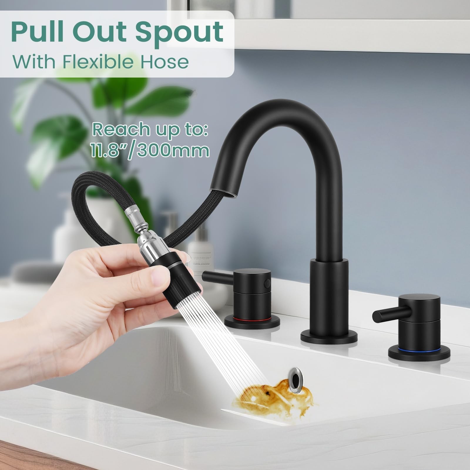 Matte Black Pull Down Bathroom Faucet 3 Hole with Pop Up Drain, Bathroom Sink…