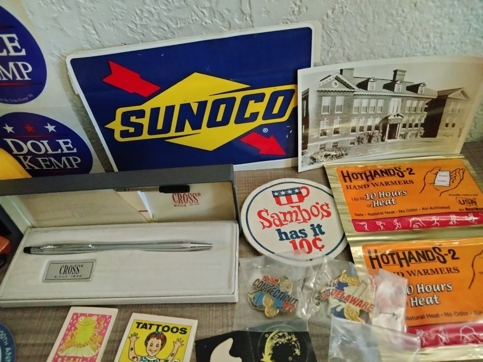 Vintage Junk Drawer Lot of Gadgets – Silver Certificate – Decals – Cross Pen ++