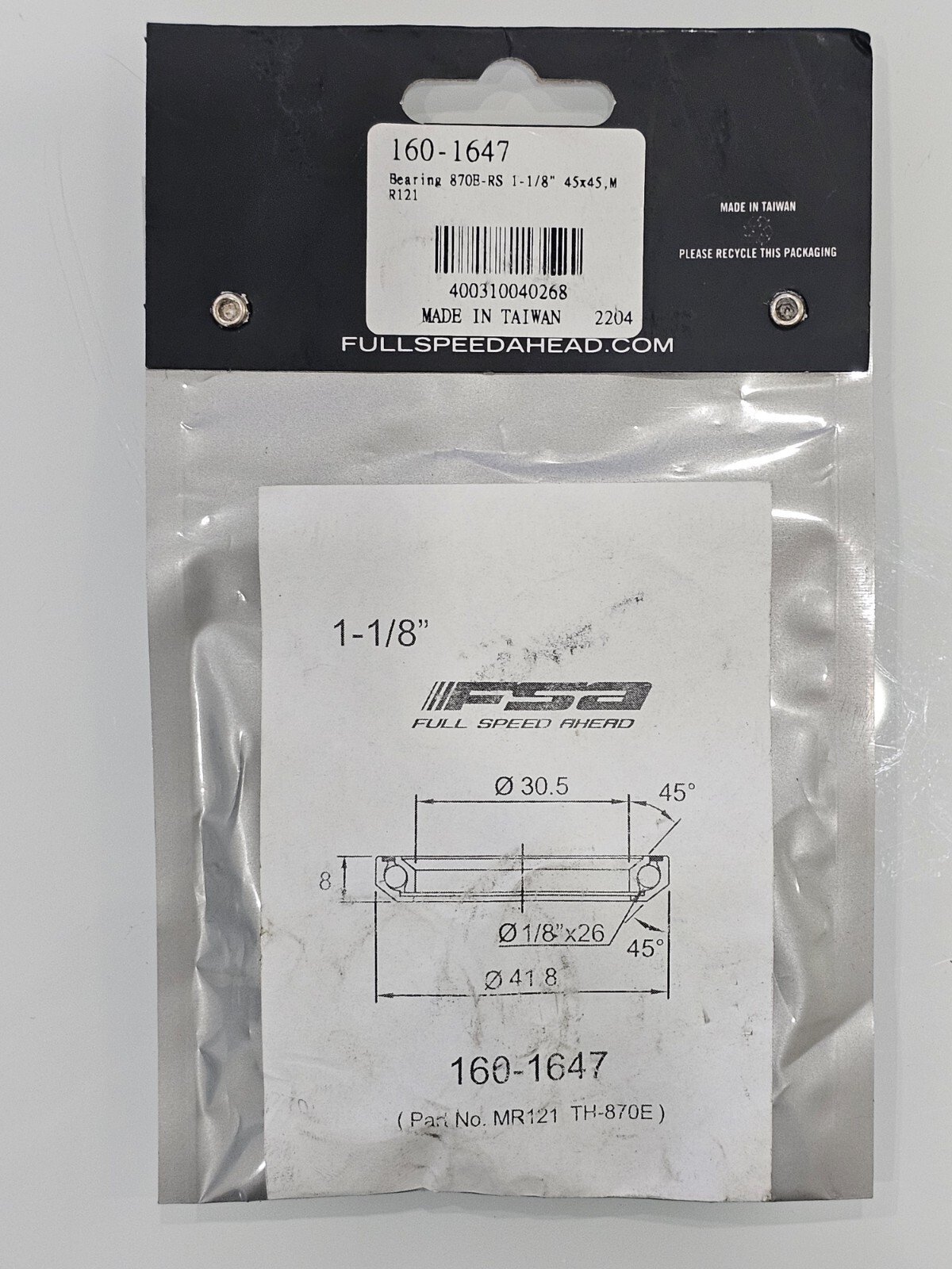 FSA ANGULAR CONTACT BEARING FOR HEADSET 1″- 1/8″ 45X45 160-1647