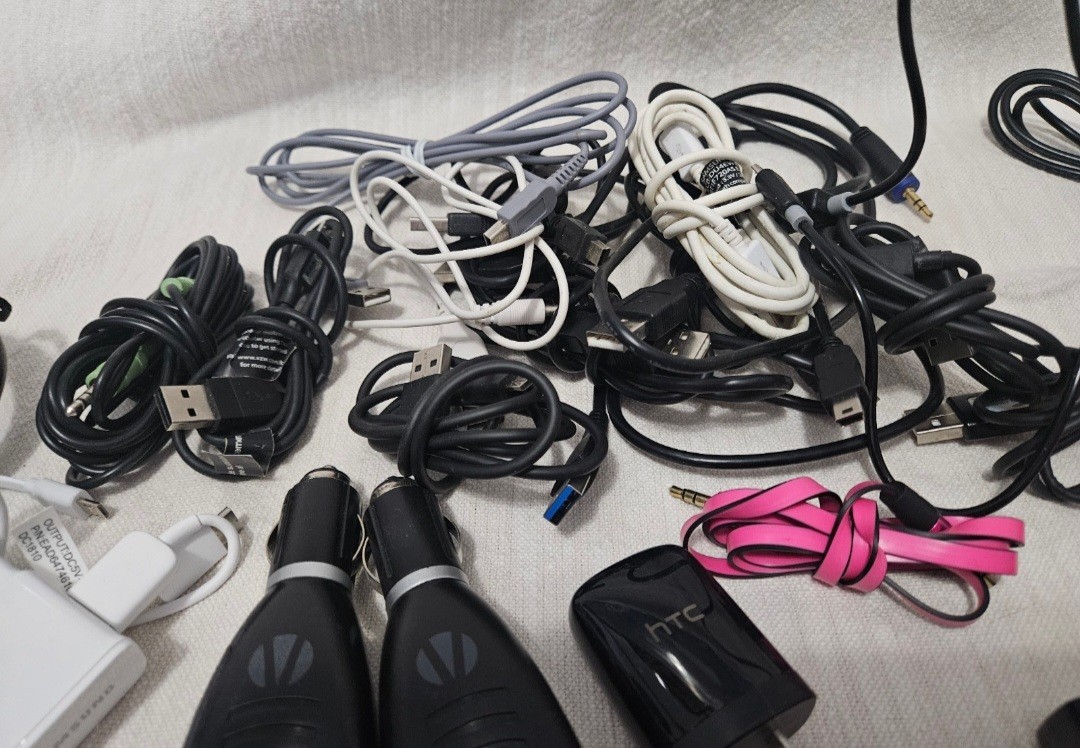 Lot of Charging Cords, Wall Plug Boxes, Corded Earbuds, Power Adapters, etc.
