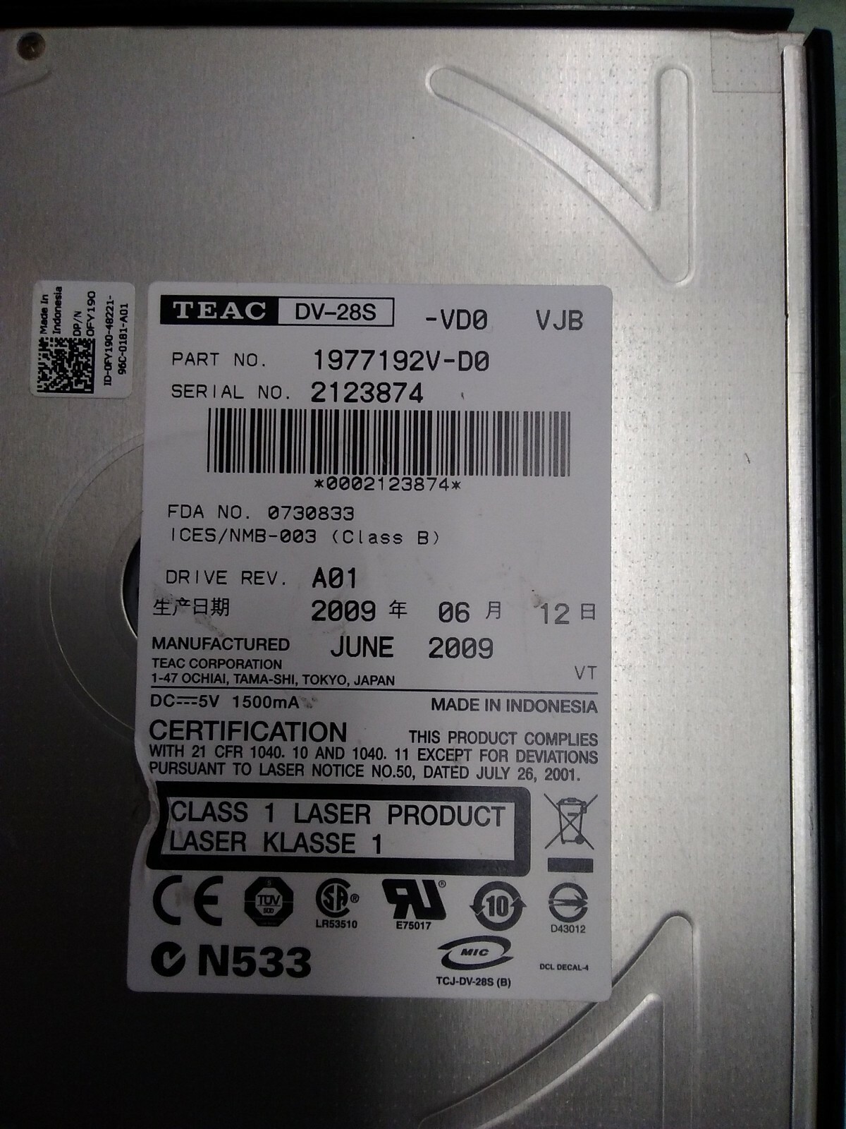 TEAC DV-28S DVD ROM Optical DrivE 1977192V-D0 REV A01