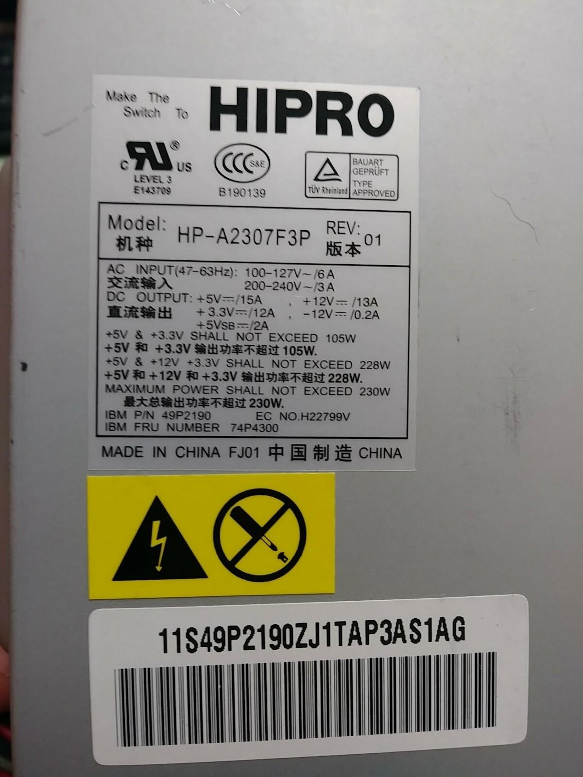 HIPRO HP-A2307F3P Power Supply Input 110-240V 230W MAX REV:01