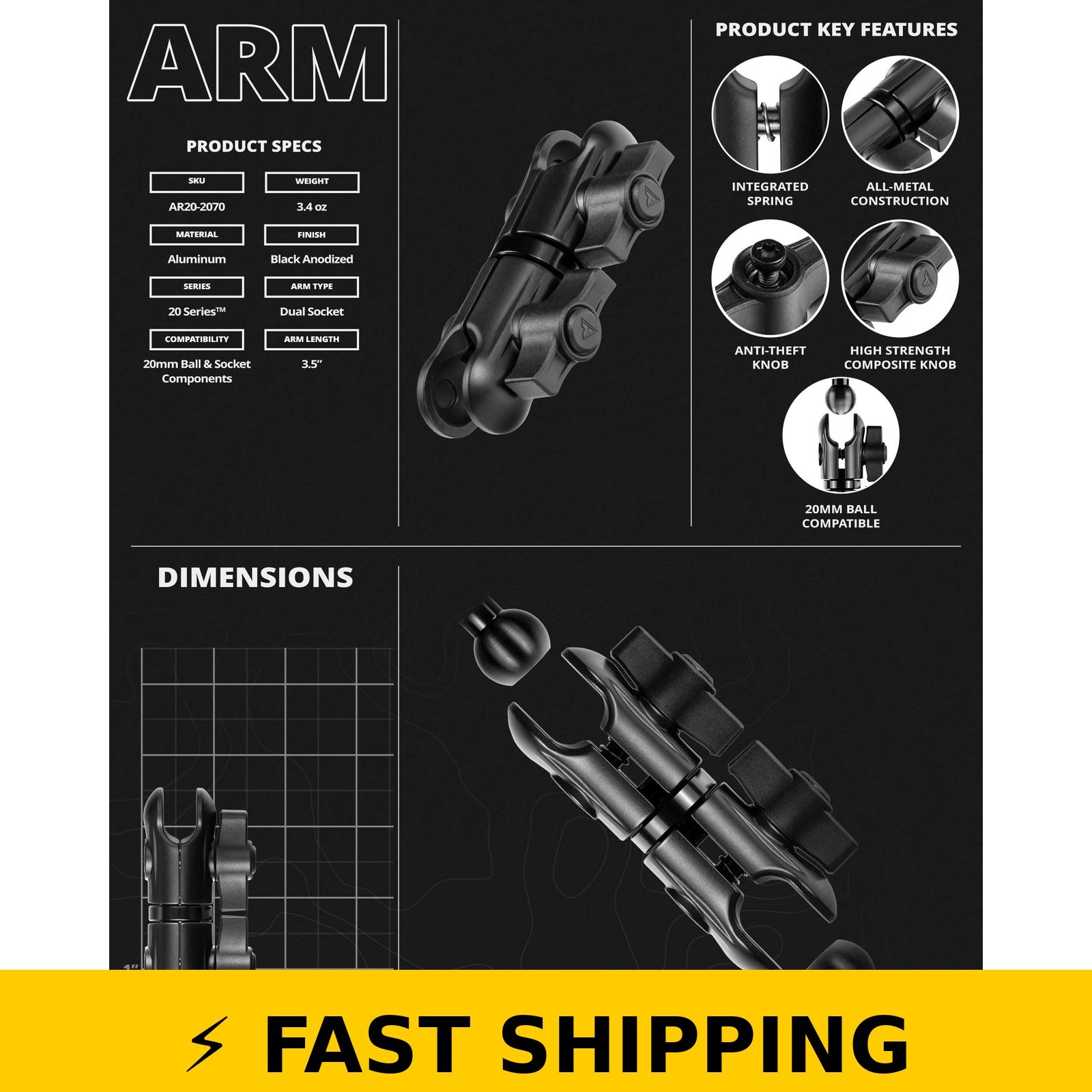 Tackform 3.5″ Metal Arm DuraLock 20 Series | Dual 20mm Sockets | Black