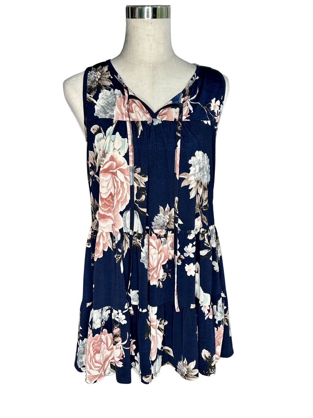 Floral Print Sleeveless Tunic Top Navy Size M