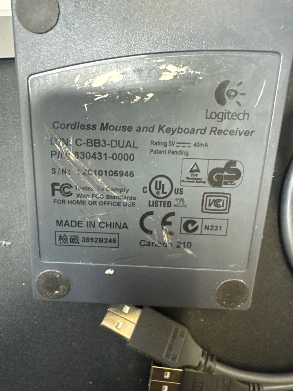 Logitech Cordless Mouse And Keyboard Receiver C-BB3-DUAL