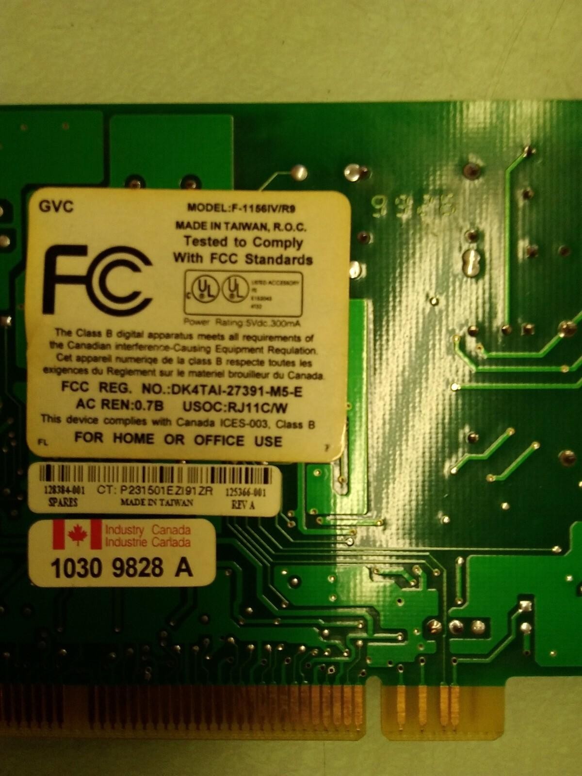 GVC F-1156IV/R9F 128384-001 REV A Phone-Fax Modem Card