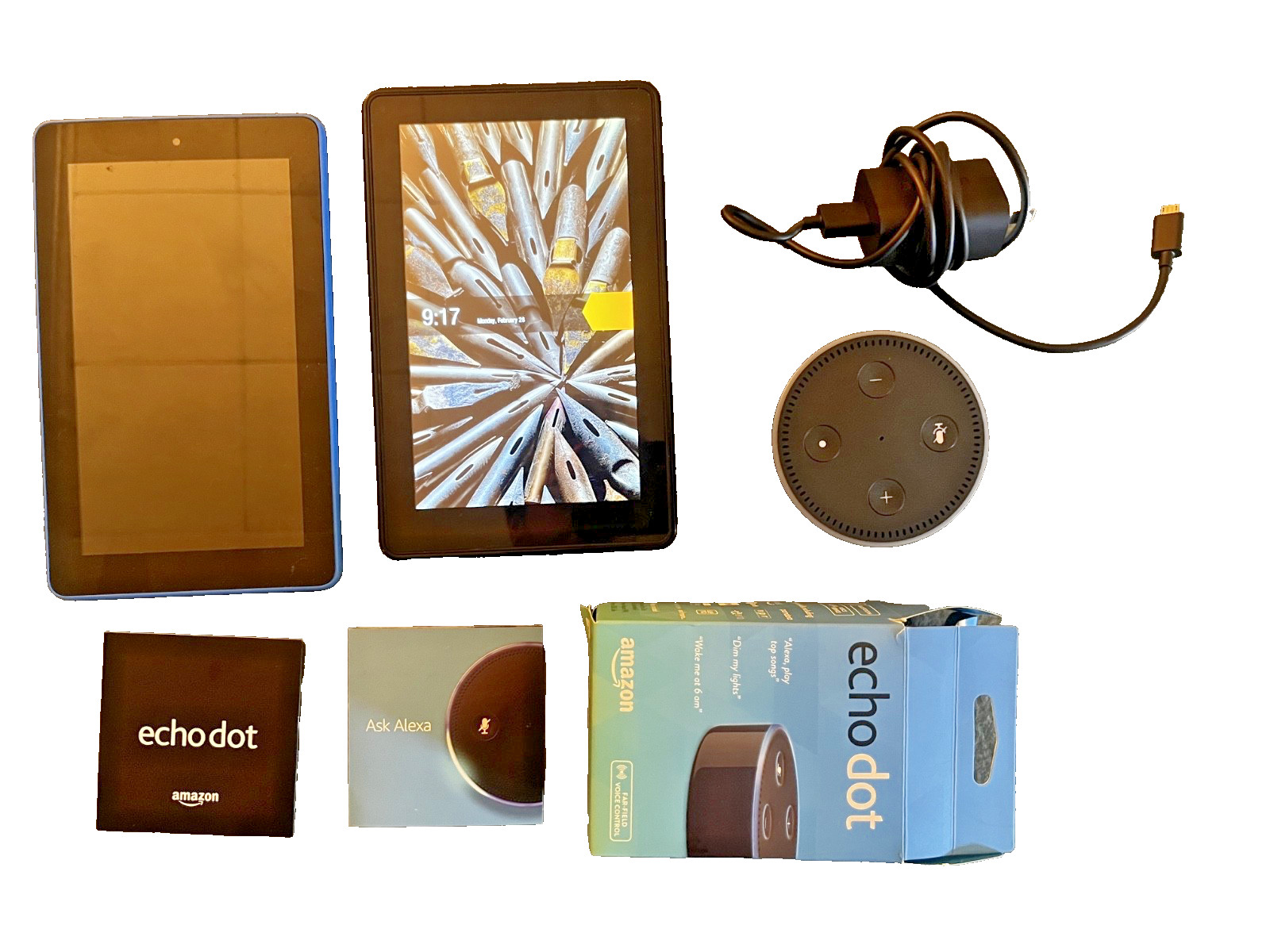 Amazon Device Lot – 2 Kindle Fire Tablets (1 Works 1 Parts) + Echo Dot w/ Box