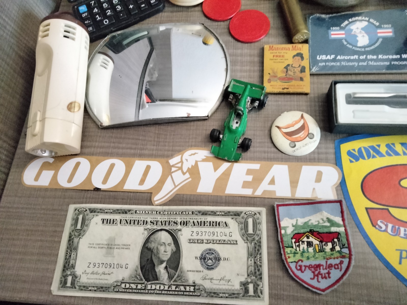 Vintage Junk Drawer Lot of Gadgets – Silver Certificate – Decals – Cross Pen ++