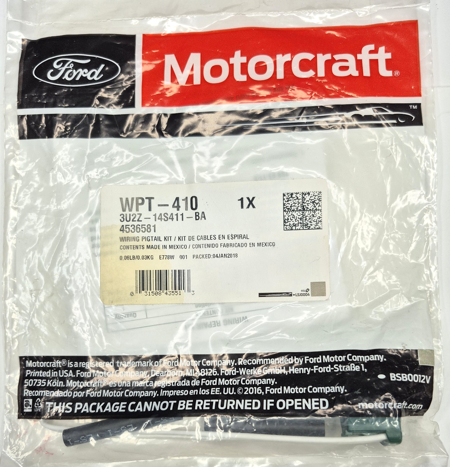 Ford Wire Pigtail Assembly 3U2Z14S411BA / Motorcraft WPT-410 *New / Sealed*