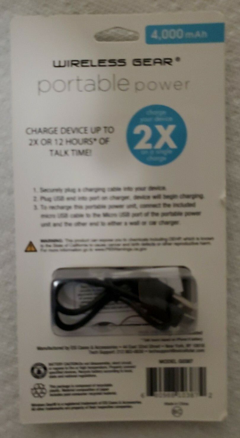 Wireless Gear 4,000MAH Portable Power Pack Color Black