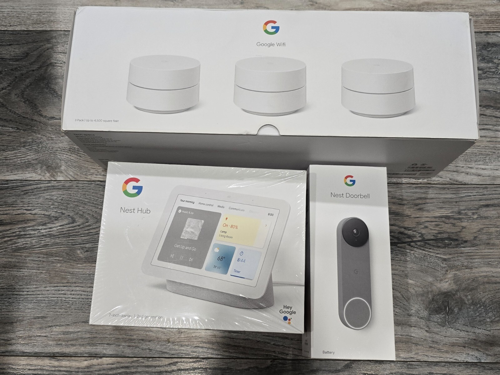 Google Nest Smart Home Bundle – WiFi 3-Pack, Nest Hub, Nest Doorbell