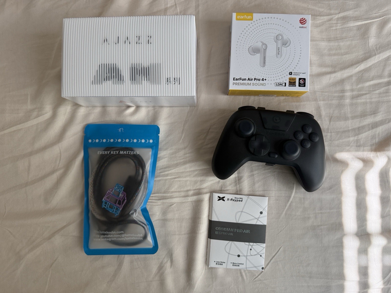 Ajazz Mouse, Gamesir Controller, Earfun Earbuds, Dual USB Cable, X-Raypad Skates