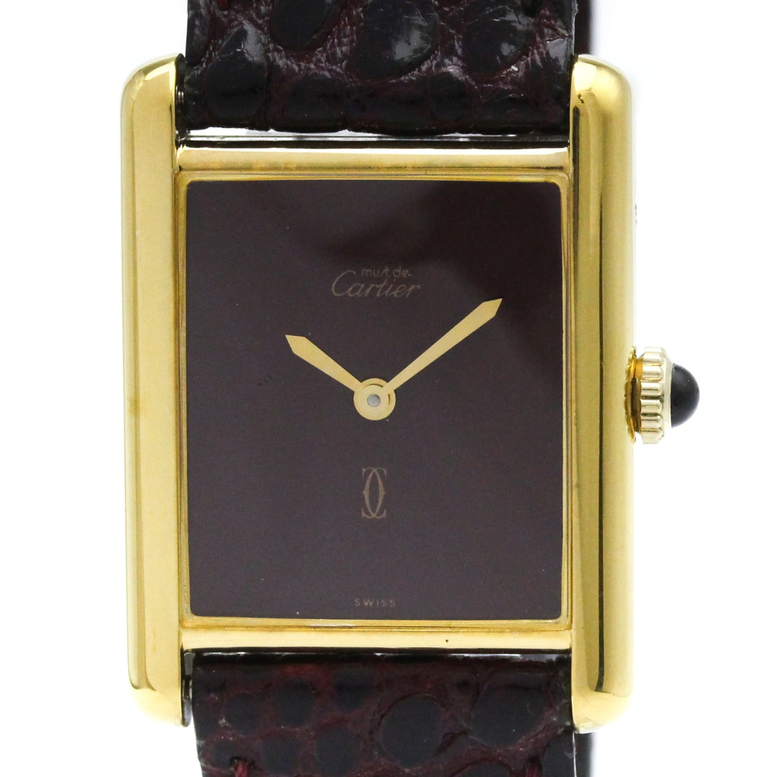 Cartier Tank Vermeil Gold Plated Leather Hand Winding Ladies Watch Square Dial